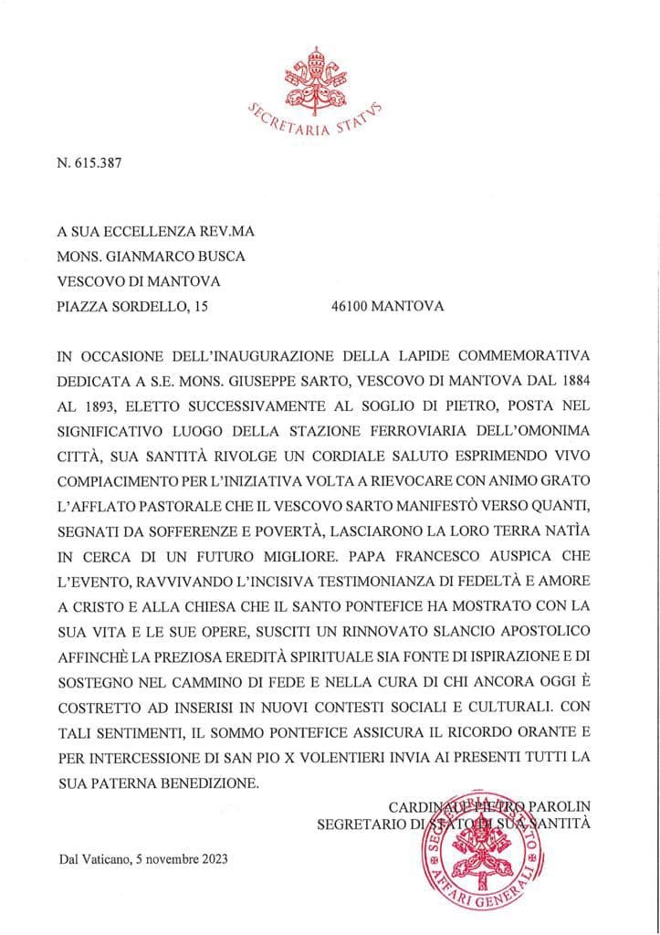 Messaggio di Papa Francesco in occasione della intitolazione della Stazione ferroviaria di Mantova a San Pio X, il Papa degli Emigranti italiani. - Intitolazione stazione di Mantova a San Pio X