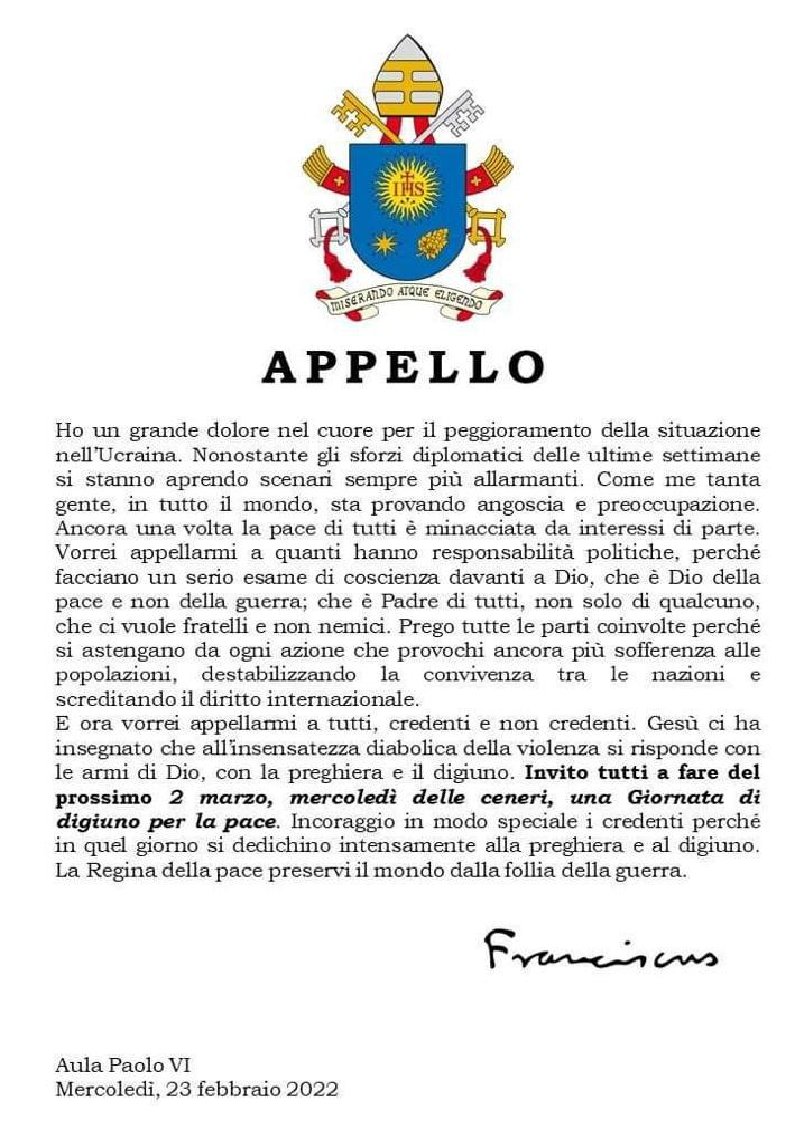 Appello papa Francesco Ucraina