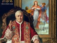 Pio X con alle spalle un quadro raffigurante Santa Filomena, di cui il papa era grande devoto.